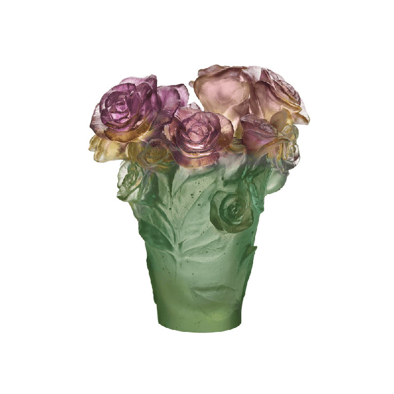 Rose Passion Handmade Crystal Table Vase, Green/Pink, 6.7" H x 5.7" W x 5.7" D