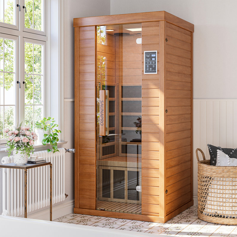 Sauna Pro 1-Person Indoor Low EMF Far Infrared Sauna in Okoume with BT Speakers, LED Lighting and App Control, for Home Spa & Therapy