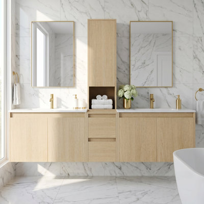 72" Floating Double Bathroom Vanity with Upper Cabinet, Ceramic Sink and Handle-Free Design