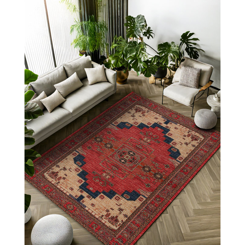 Strawbridge Red Beige Brown Moroccan Machine Printed Cotton Polyester Area Rug, Rectangle 6'7" x 7'3"