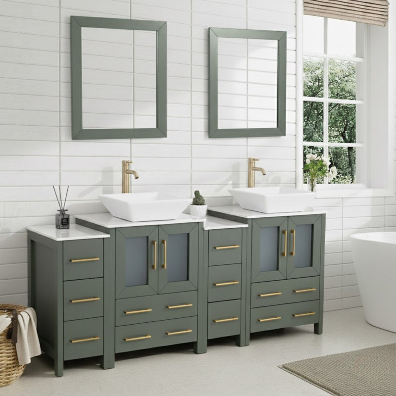 Ravenna 72" Freestanding Double Sink Bathroom Vanity with Engineered Marble Top and Matching Mirrors, Vintage Green