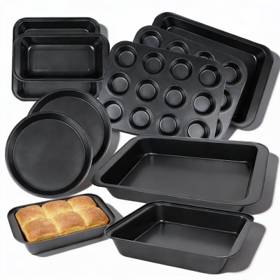 10-Piece Complete Non-Stick Bakeware Set In Black, Carbon Steel Construction For Even Baking, All-In-One Set With Cookie Sheets, Muffin Tins, Cake And Bread Pans