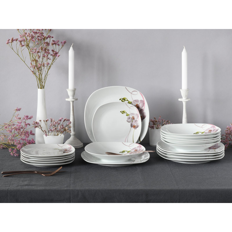 Square Orchid, 18-piece porcelain plate set