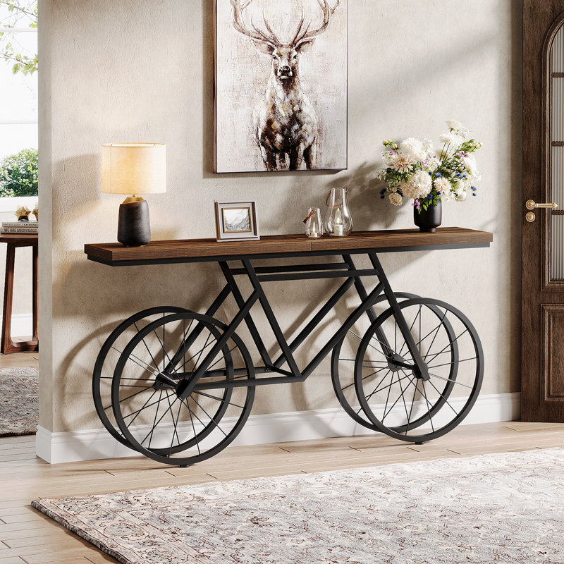 70.9'' Extra Long Console Table with Bicycle Base, Narrow Sofa Table Industrial Entryway Table, Black, Rustic Brown