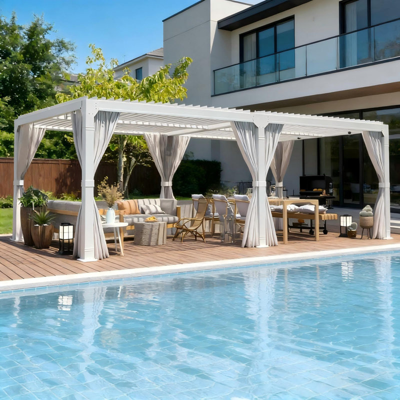 12 × 20ft Aluminum Louvered Pergola with Adjustable Roof, Privacy Curtains and Netting for Patio, Deck, Garden, Yard and Beach
