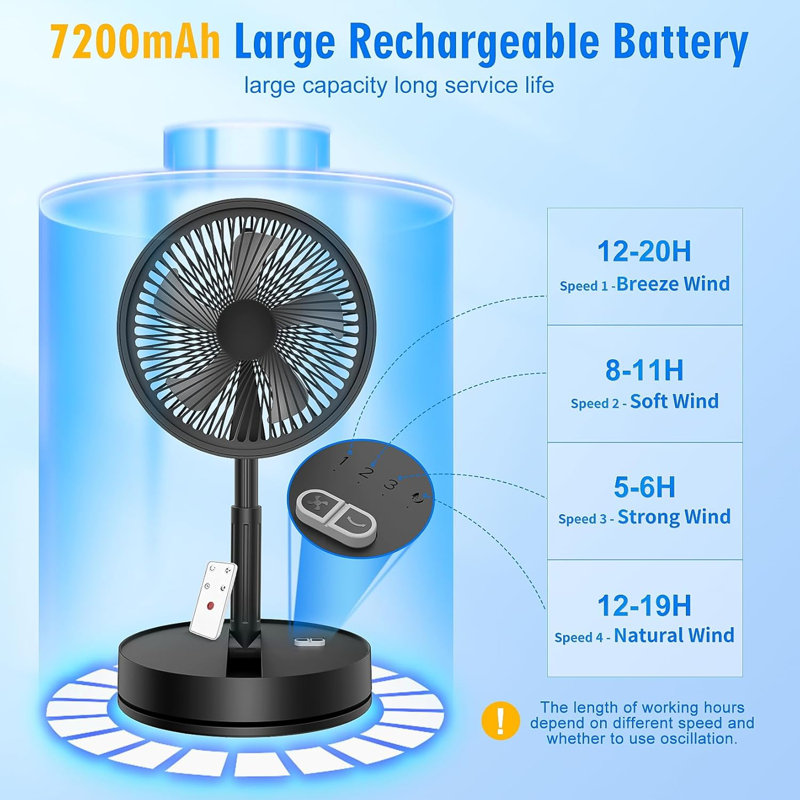 Portable Foldable Rechargeable Oscillating Fan - 9 Inch 7200mAh Battery, Black