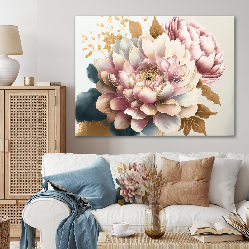 Rose et fleur de dahlia doré - Art mural sur toile floral et botanique, Toile tendue, H 12 po x l 20 po x P 1 po