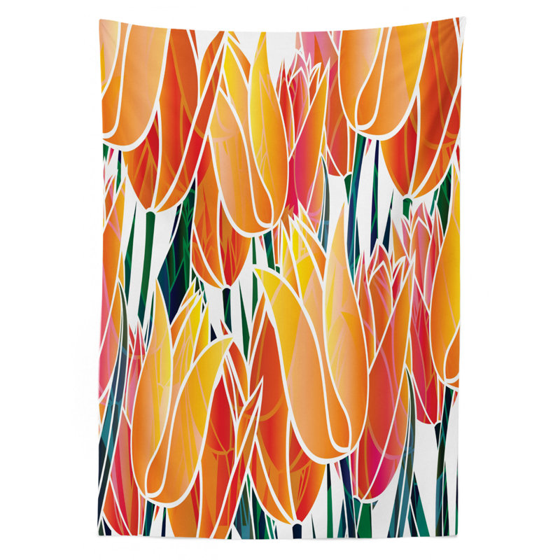 Ambesonne Tulip Tablecloth, Exquisite Flourishing Tulip Garden With Vivid Colored Endless Petals Eco Illustration, Rectangular Table Cover For Dining Room Kitchen Decor, 52" X 70", Orange