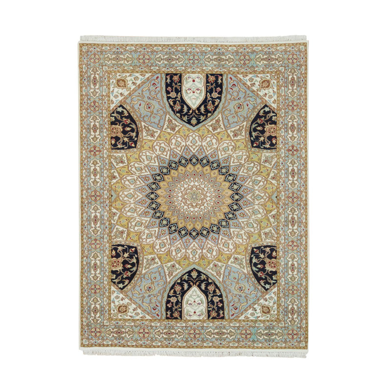 4'x6'1" Ivory Pure Wool Hand Knotted Nain Gumbad Design 250 KPSI Densely Woven Oriental Rug EEDB2631A20E45189CA078F8FF972912