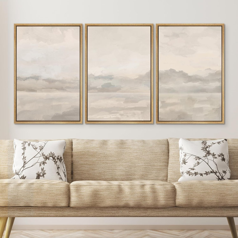 «Pastel Watercolor Cloudy Sky Grey Abstract Landscape», reproduction de tableau encadrée sur toile 3 pièces