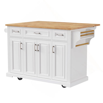54Inch Large Kitchen Island With Rubber Wood Drop Leaf, Embossed Texture Rolling Kitchen Cart On 4 Wheels With 4 Doors And 3 Drawers, Kitchen Island With Storage For Kitchen, Dining Room,White