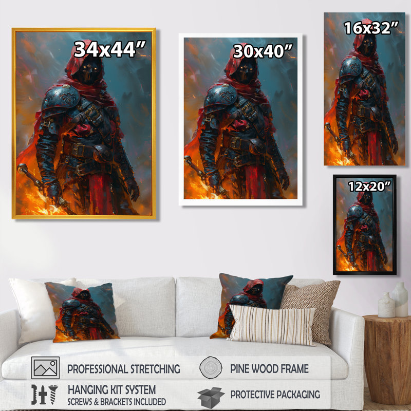 Art mural rouge et noir Warrior Hero II - Wizards, Cadre simple noir, bois massif, H 20 po x l 12 po x P 1 po