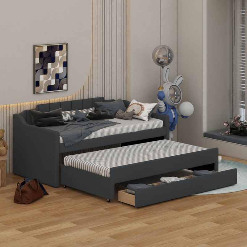 Twin Size Upholstered Daybed With Trundle And Drawers, Gray