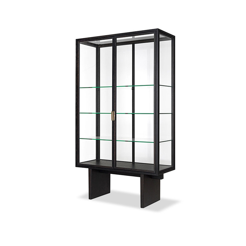 Bois noir massif + vitrines en verre trempé, 66.93" H x 43.31" W x 17.72" D