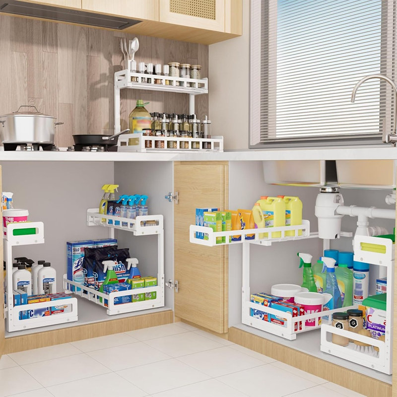 2-Pack 2-Tier Under Sink Pull-Out Organizer, Heavy-Duty Metal Sliding Storage For Kitchen Or Bathroom