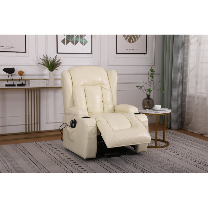 Convery Faux Leather Heated Massage Chair, Cream Leather Match