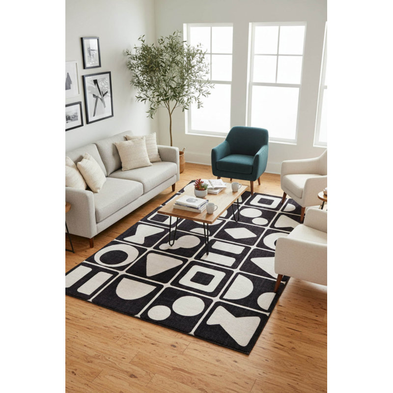 Tapis décoratif noir en polyester géométrique tissé à la machine, Rectangle 5 pi 3 po x 7 pi 7 po