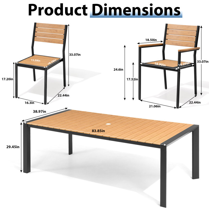 Ensemble repas pour 8 personnes avec chaises empilables et chaises sans accoudoirs, Brun