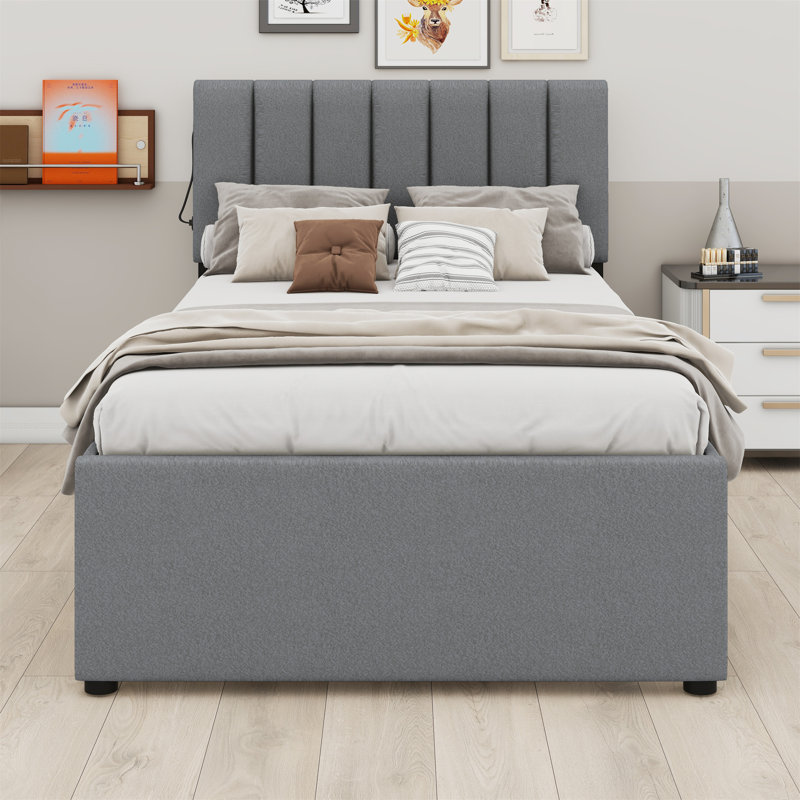 Lit plateforme tapissier avec lit gigogne, Gris