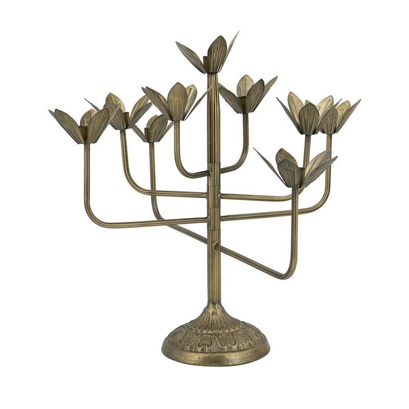 6.5X24X18.5" 9-Arm Decorative Gold Iron Candelabra With Floral Design