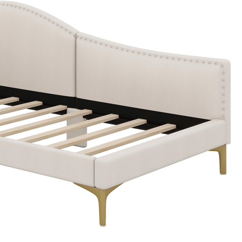Upholstered Daybed With Headboard And Armrest, Support Legs, Beige