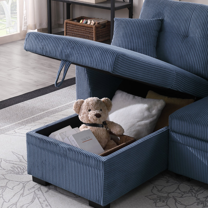Upholstered Sleeper Pull Out Sofa Couch with Storage Chaise, Blue