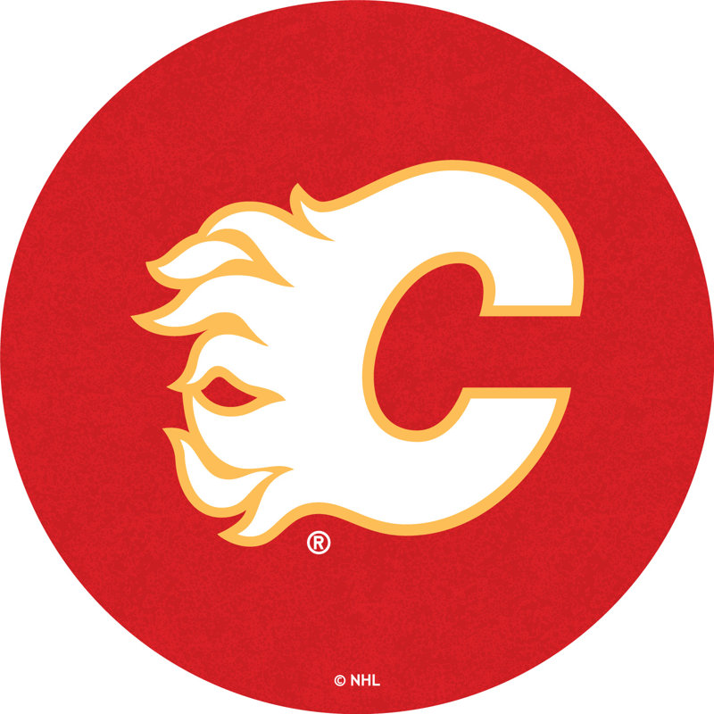 NHL Round Metal Base Dining Table, Black Wrinkle, Calgary Flames