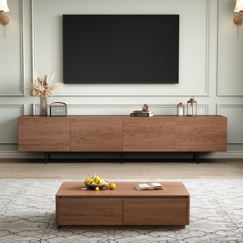 86.61" Walnut Wood TV Stand with 4 Cabinets