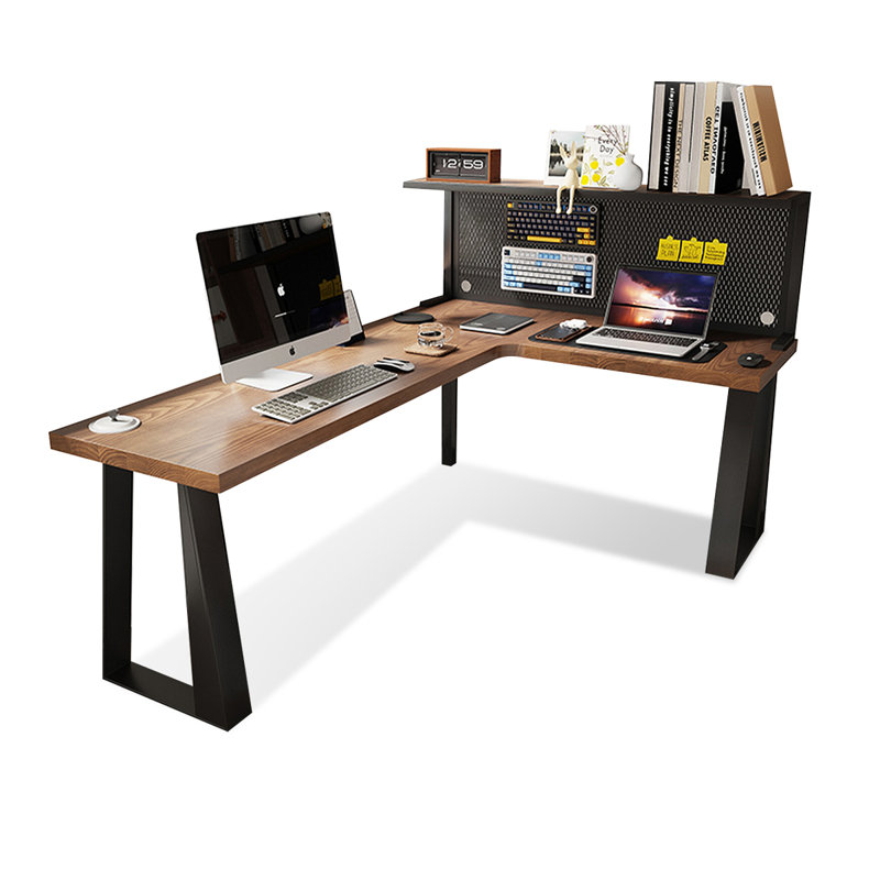 Brown + Black L-Shaped Solid Wood desk, 29.53" H x 62.99" W x 47.24" D, Left