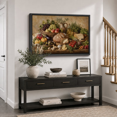 Rustic Harvest Still Life With Bread Vegetables And Herbs Artwork, Dining Room Pictures, Framed Canvas Giclee Print Wall Art
