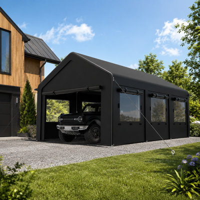 12 ft. x 20 ft. Fabric Carport Canopy with Side Door and Roll-Up Windows, Black