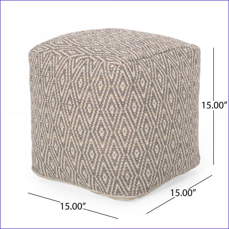 Pouf, Hand-Loomed Cotton with Diamond Pattern, Beige &amp; Mustard Yellow | 15x15x15", Beige