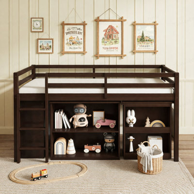 Lit mezzanine simple avec armoire à tiroirs, armoire à tablettes et bureau à tiroirs, lit mezzanine en bois d'hévéa avec barrière de sécurité, échelle