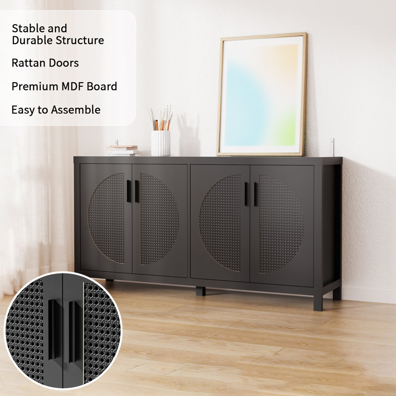 Black Modern Sideboard Cabinet with Rattan Doors and Storage