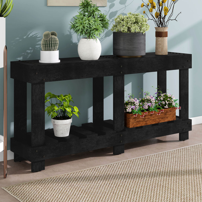 62.9" Console Table Entryway, Vintage Style With Metal Rivets & Storage Shelf, 4.5" Thick Desktop, Black