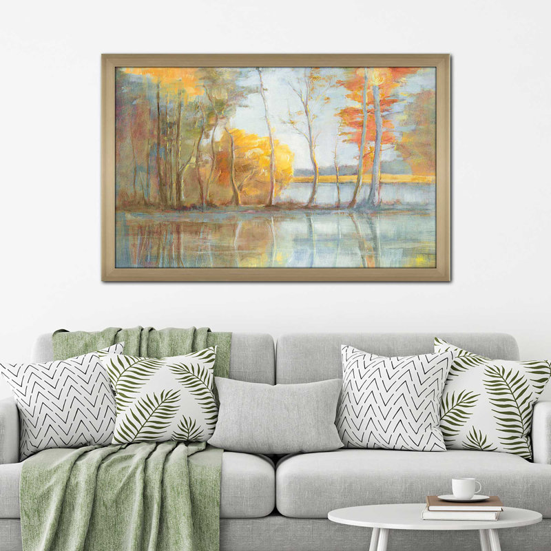 Lakeside Reflection - Peinture, H 27,5 po x l 39,5 po x P 0,75 po, Encadrement champagne