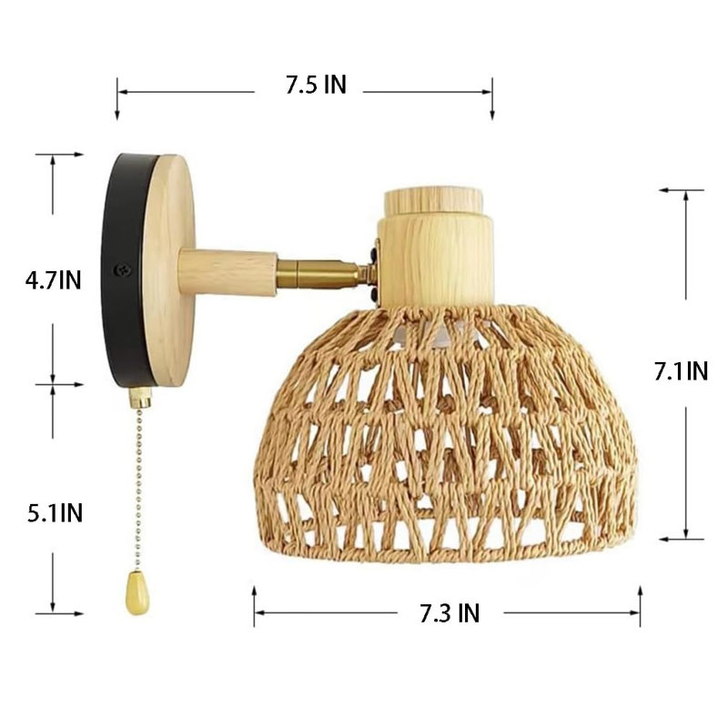 Rattan Wall Sconce Light with Pull Chain Switch