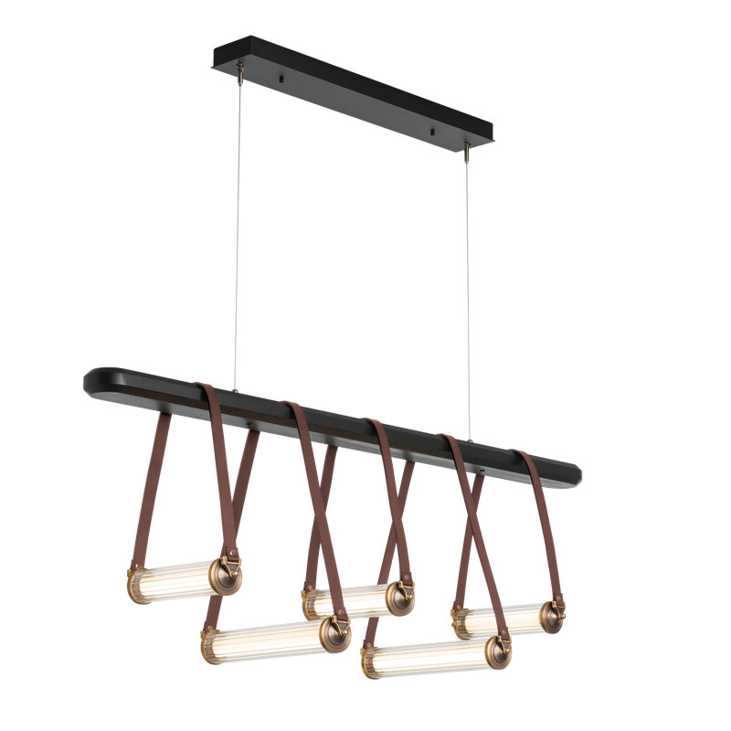York 5 - Light Kitchen Island Linear LED Pendant, Polished Nickel, British Brown Leather, Black Wood