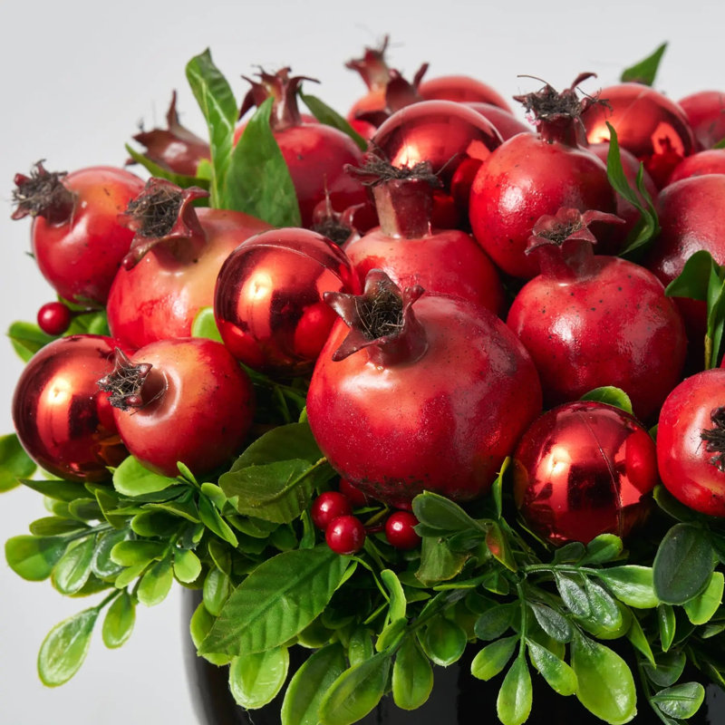 Christmas Crown of Pomegranates & Red Ornament Balls with Boxwood in Black Pedestal Holiday Fruit Bowl Centerpiece Arrangement