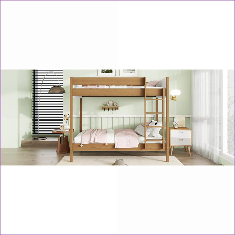 Twin Over Twin Rubber Wood Bunk Bed with Teddy Fleece Upholstered Headboard &amp; Footboard - No Box Spring Needed, Natural Finish for Small Apartments