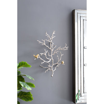 17X5.5X22" Metal Branch Wall Sculptures With Bird Accents, Set Of 2