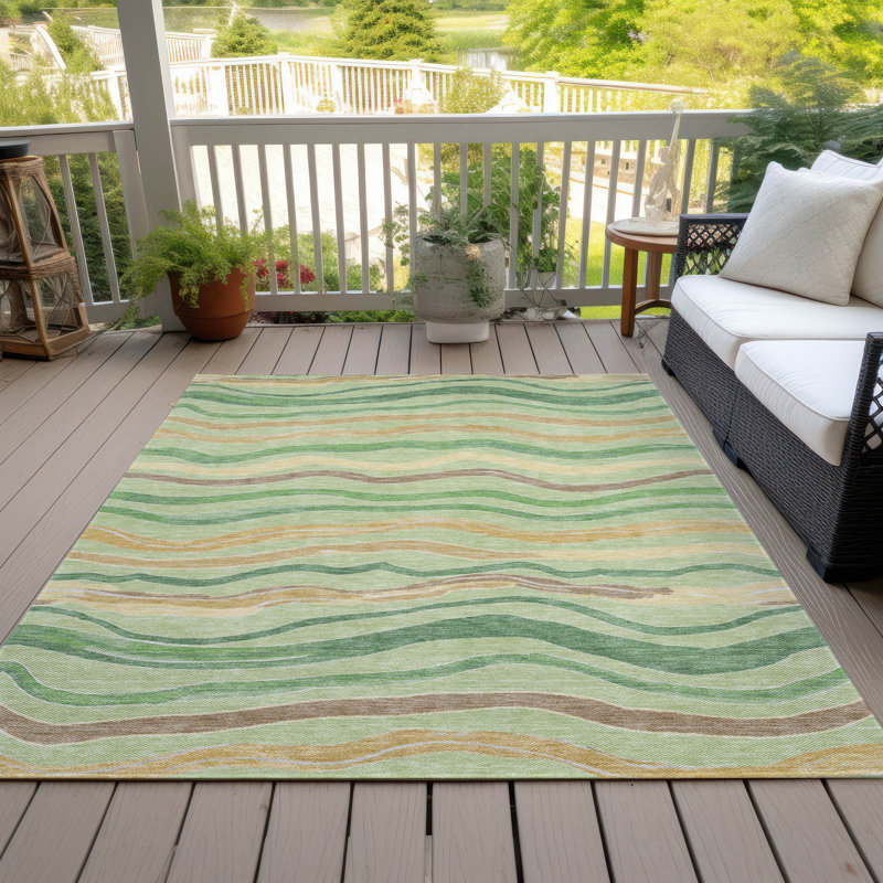 Green and Beige Synthetic Stripe Washable Indoor/Outdoor Rug