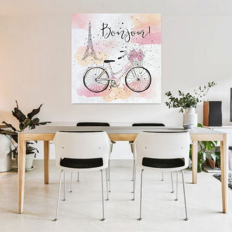 Bonjour, Paris, vélo, élégante fleur romantique moderne, impression murale, 36" H x 36" W