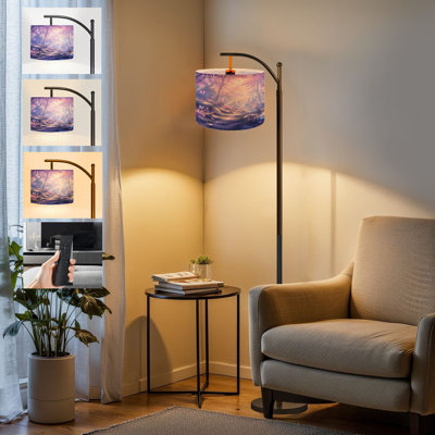 PeeNoke Arc Floor Lamp Magical Forest Path Butterflies Soft Purple Light Tall Modern Standing Lamp LED Adjustable Linen Lampshade 3 Color Temperatures