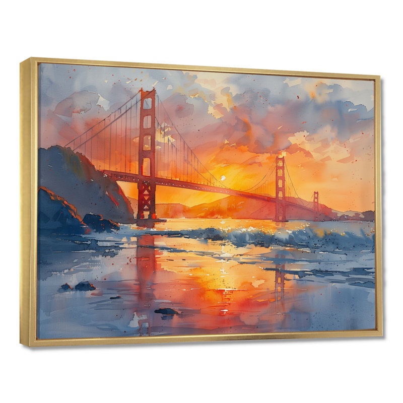 Art mural jaune jaune rouge Golden Gate, Toile avec cadre flottant or, H 34 po x l 44 po x P 1,5 po
