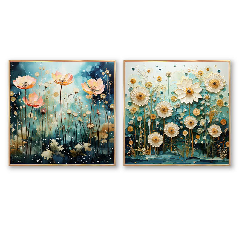 Sunrise Blue Bonnets Field - Ensemble de 2 collages floraux carrés, Cadre flottant doré, H 36 po x l 73 po