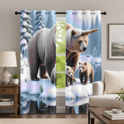 2Pcs Winter Snow Forest Bear-Pattern Curtains, Artistic Wildlife Animal Printed Curtain, Nature Landscape Scene Grommet Drapes, Window Treatment for Bedroom Living Room Decor