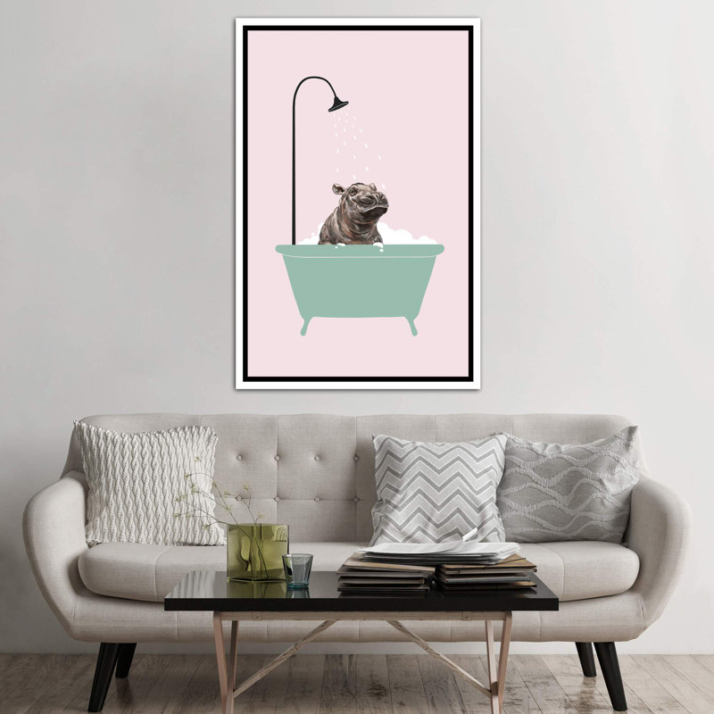 Hippopotame dans une baignoire, art encadré, H 60 po x l 40po x P 1,5 po, Toile blanche encadrée