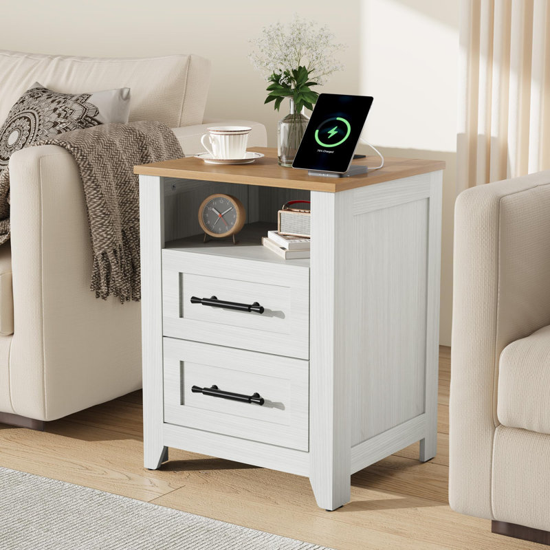 Table de chevet avec station de charge et 2 tiroirs, table de chevet de 18 po avec tablette ouverte, USB-C, USB et 2 prises de courant alternatif