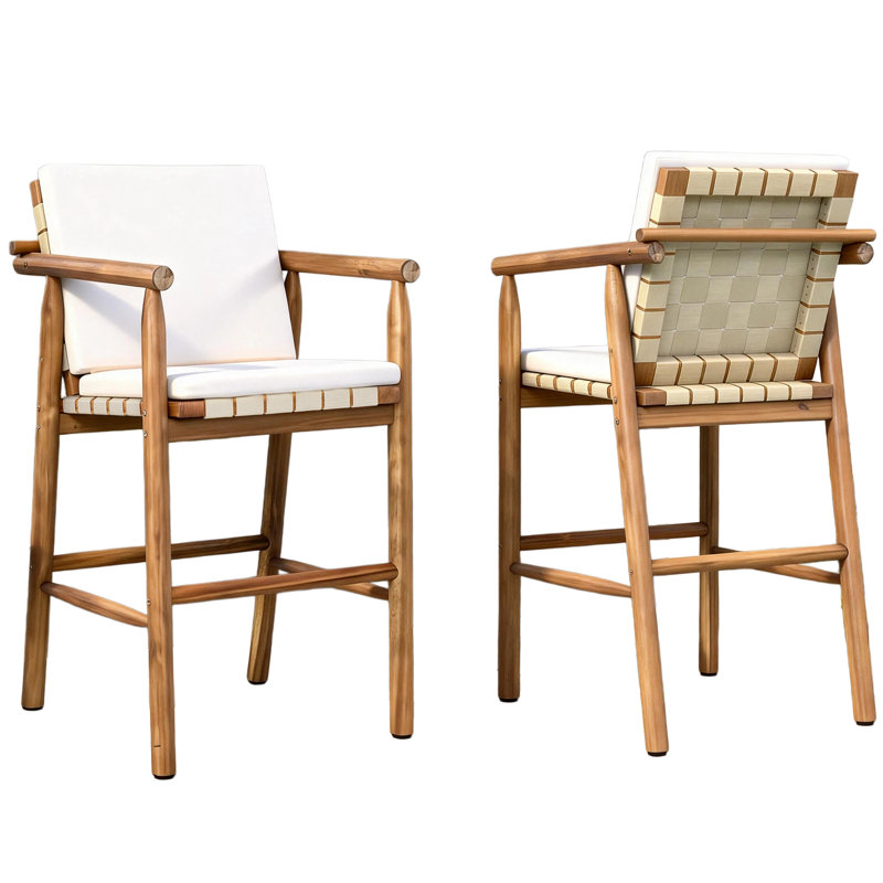 Tabouret de comptoir de 26 po de hauteur avec siège en bois d'acacia et sangles résistantes aux intempéries
